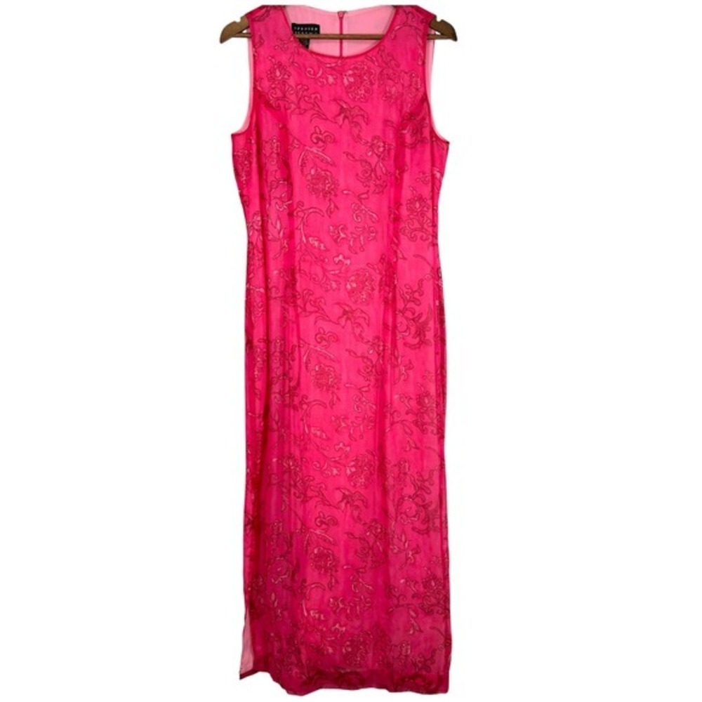 Vintage Bright Pink Floral Print Silk Maxi Dress Sheath Evening Formal 90s Y2K